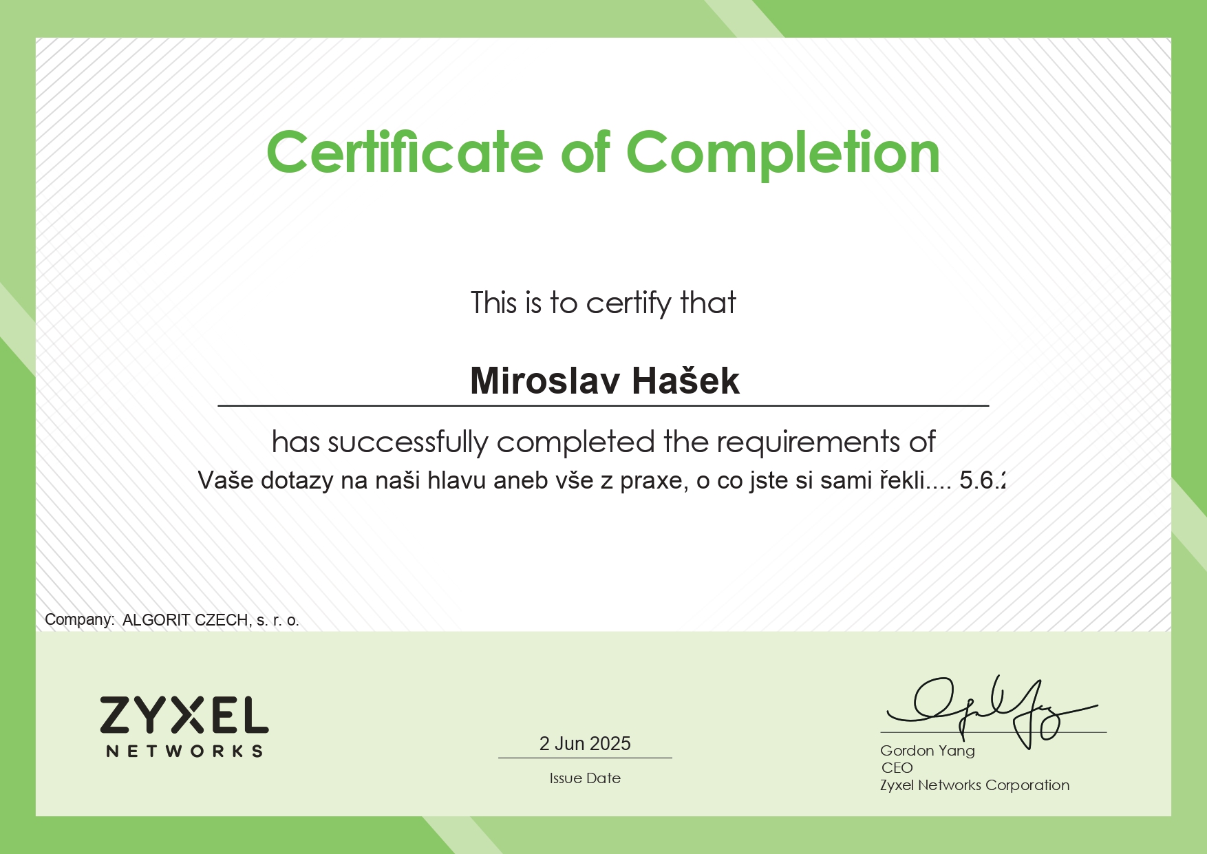Certifikát Zyxel 06/2025